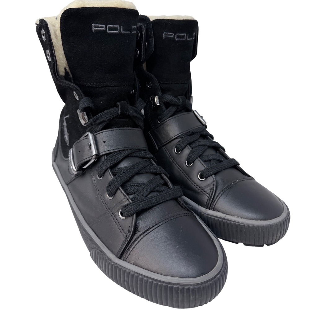Polo Ralph Lauren Jilton Black Leather Shearling Cuff Boots Sz 9D Ranger Utility